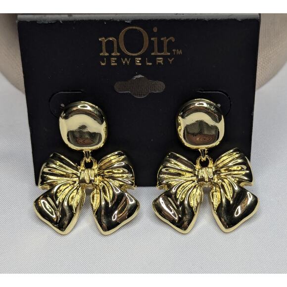 nOir Gold Tone Bow Drop Earrings - Statement Jewelry - Picture 2 of 5